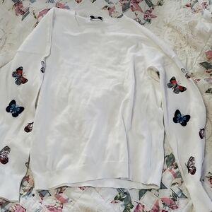 J Society White Sweater with Embroidered Butterflys On Sleeves